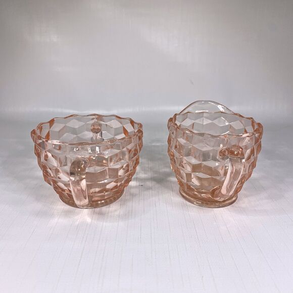 Jeanette Cubist Pink Cream Sugar Depression Glass Small Set Cottage Core Vintage - Picture 4 of 6